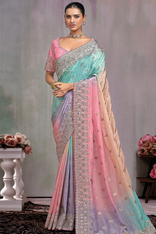 Multi Color Tissue Silk Embroidered Saree For Festival