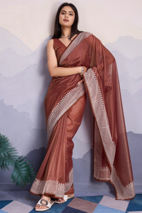 Muqayyash Embroidered Brown Shimmer Net Saree