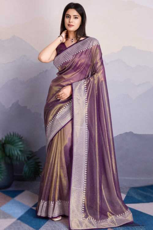 Muqayyash Embroidered Plum Purple Shimmer Net Saree