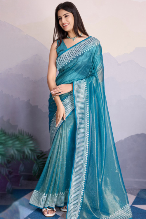Muqayyash Embroidered Sea Blue Shimmer Net Saree