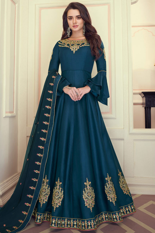 Taffeta Silk Wedding Wear Indian Anarkali Salwar Suit In Peacock Blue Color