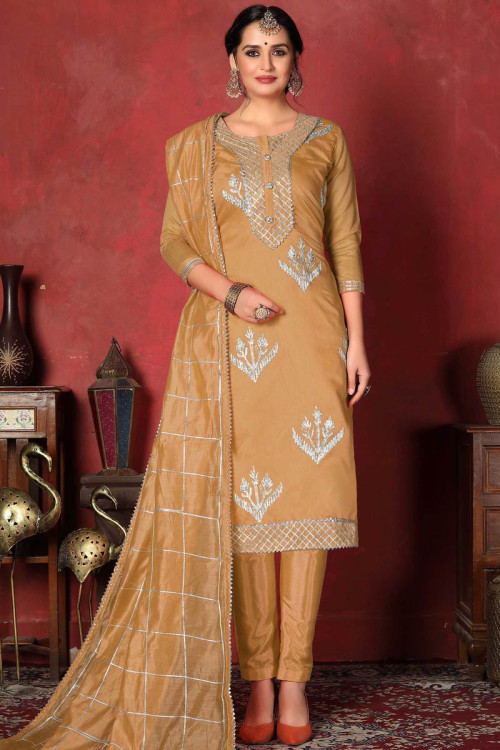 Mustard Color Cotton Straight Pant Suit with Gota Patti Work