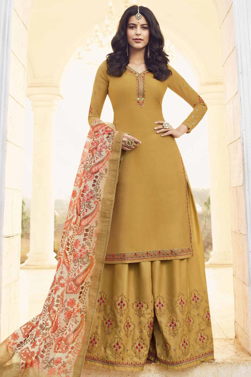 Mustard Color Satin Silk Sharara Suit With Resham Work
