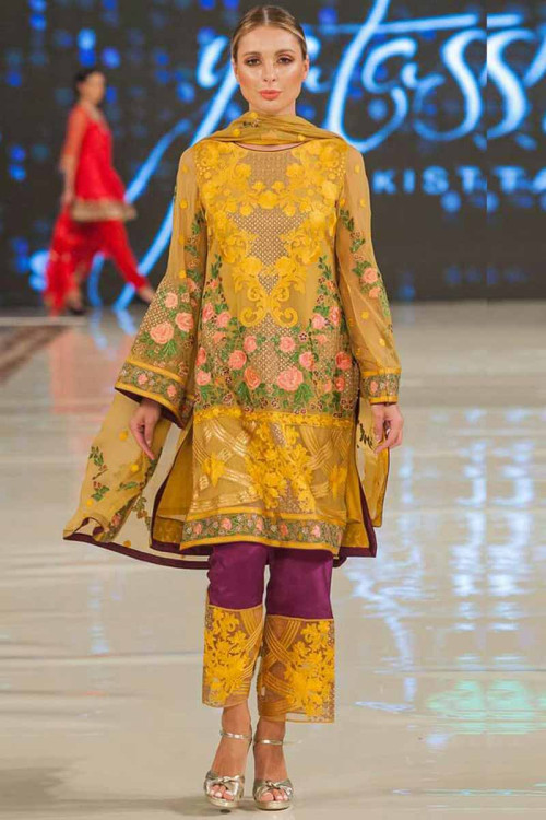 Mustard Straight Pant Suit With Embroidered 