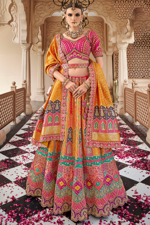 Mustard Yellow Art Silk A Line Lehenga With Weaved Work For Haldi