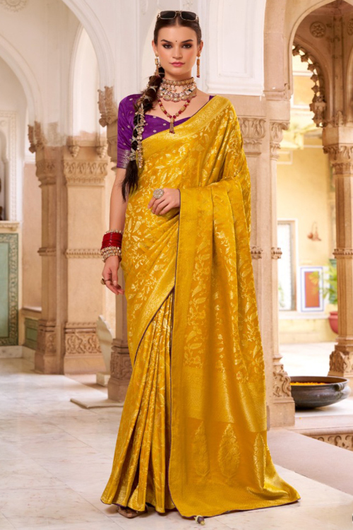 Mustard Yellow Art Silk Broad Border Saree Weaved Work For Festival