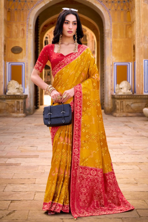 Mustard Yellow Art Silk Broad Border Saree Weaved Work For Festival