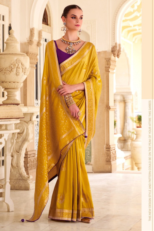 Mustard Yellow Art Silk Broad Border Saree With Weaved Work For Haldi