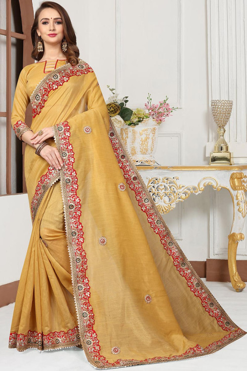 Mustard Yellow Art Silk Saree for Party Wear with Thread Work