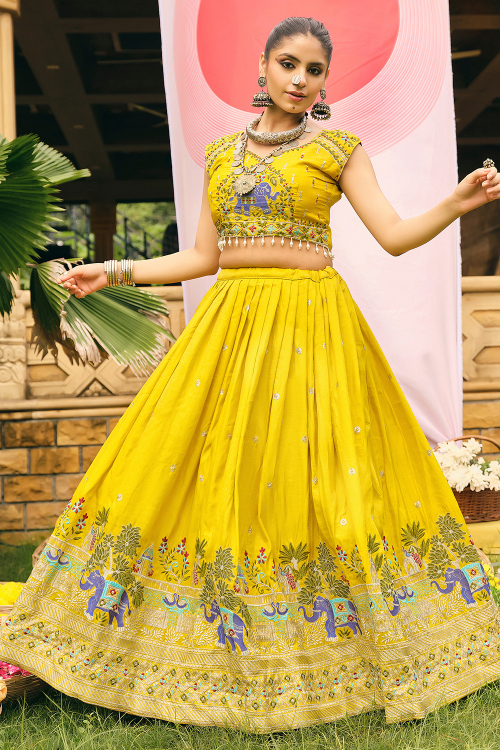 Mustard Yellow Art Silk Lehenga With Zari Work For Diwali