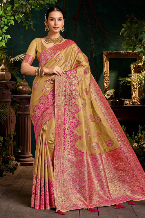 Mustard Yellow Art Silk Saree with Weaved Work For Festival