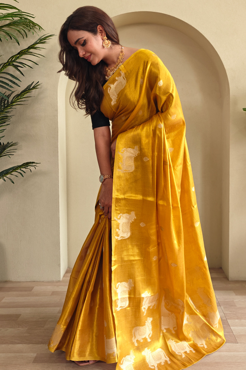Mustard Yellow Art Silk Woven Zari Broad Border Saree 
