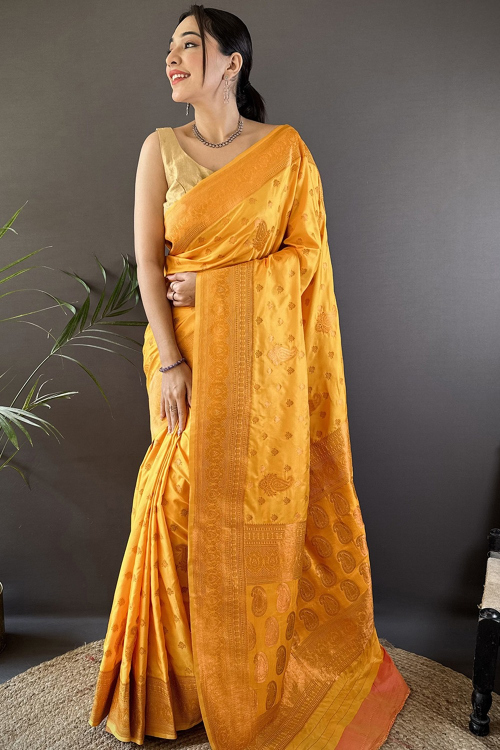 Mustard Yellow Art Silk Woven Zari Broad Border Saree