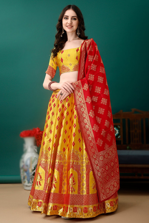 Yellow red combination lehenga cheap