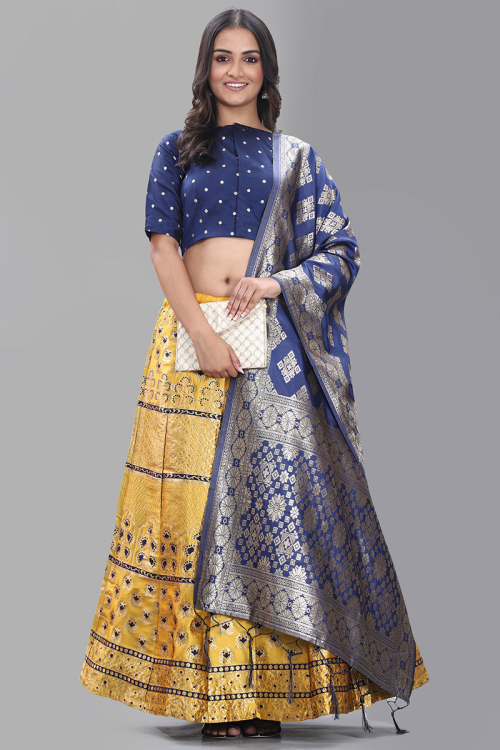 Mustard Yellow Banarasi Silk Embroidered Lehenga