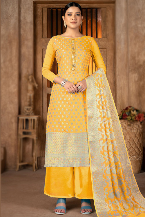 Women Yellow & Pink Silk Blend Ethnic Motifs Woven Kurta with Trousers–  Inddus.in