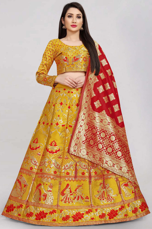 Mustard Yellow Banarasi Silk Woven Lehenga