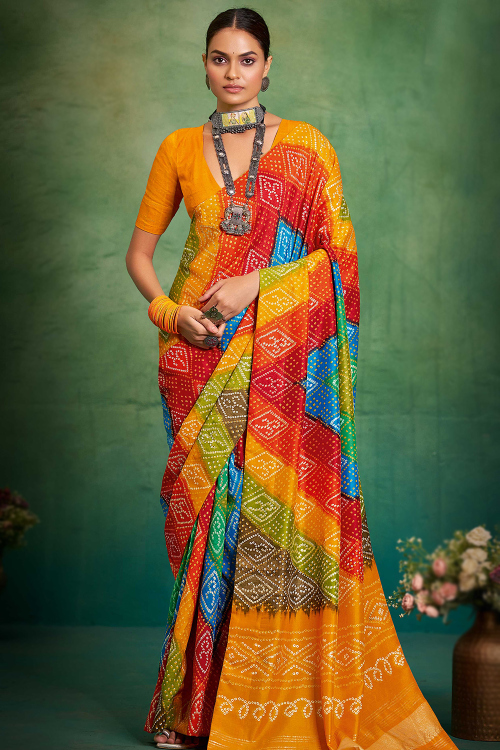 Mustard Yellow Bandhej Printed Art Silk Saree 