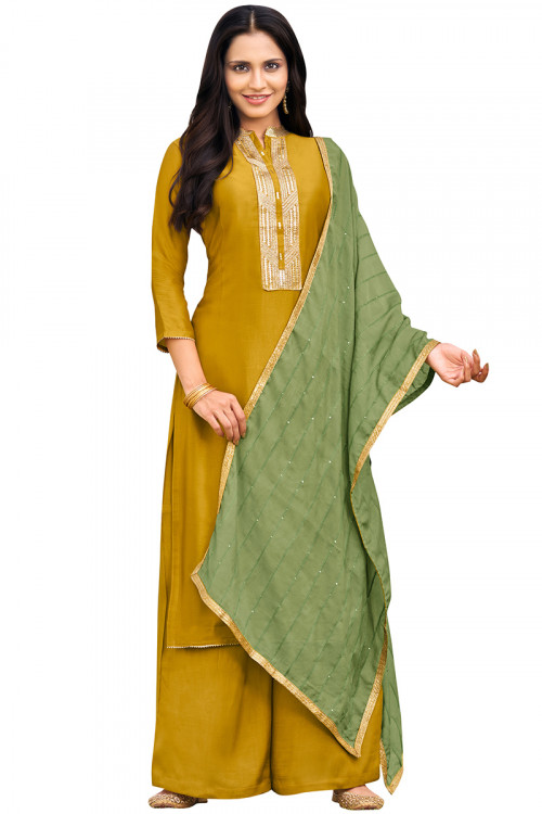 Mustard Yellow Casual Wear Patch Embroidered Cotton Silk Palazzo Suit