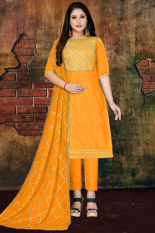 Gota Patti Work Mustard Yellow Trouser Suit in Chanderi Cotton for Party 