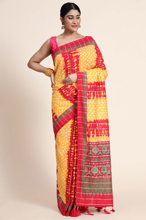 Mustard Yellow Chanderi Cotton Printed Saree