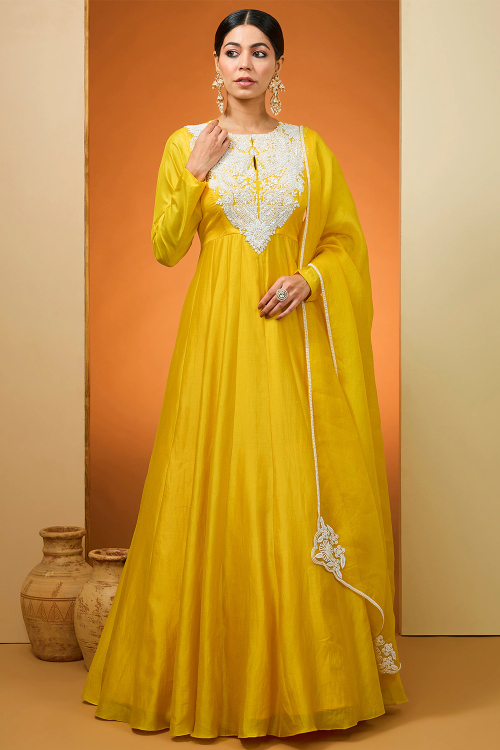 Mustard Yellow Chanderi Silk Anarkali Suit with Sequins Work for Weddings