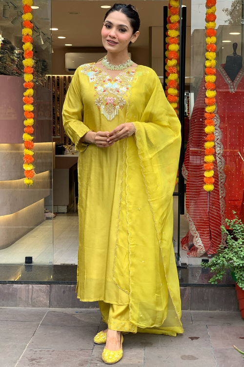 Mustard Yellow Chanderi Silk Embroidered Ready to Wear Trouser Suit