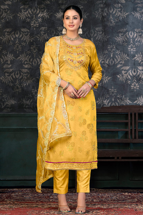 Mustard Yellow Chanderi Silk Printed Trouser Suit For Haldi 