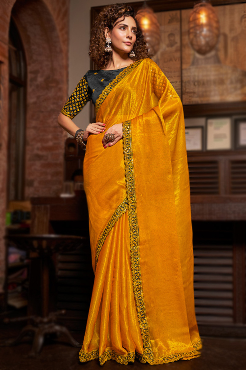 Mustard Yellow Chiffon Saree with Embroidered Lace
