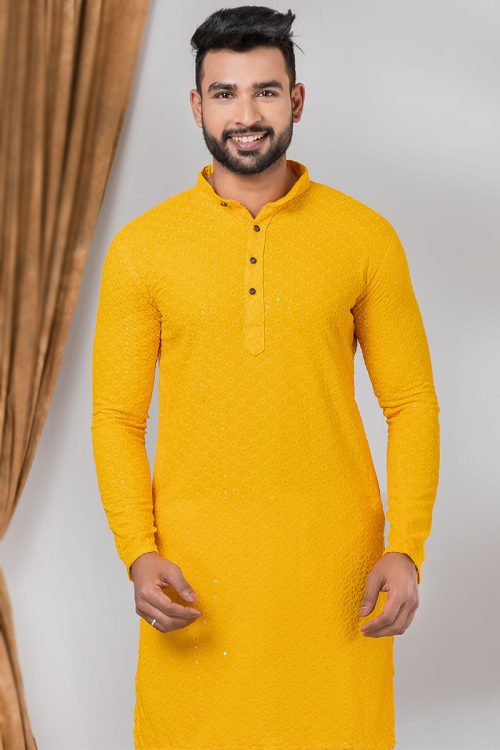 Mustard Yellow Chikankari Embroidered Rayon Men's Kurta For Haldi 
