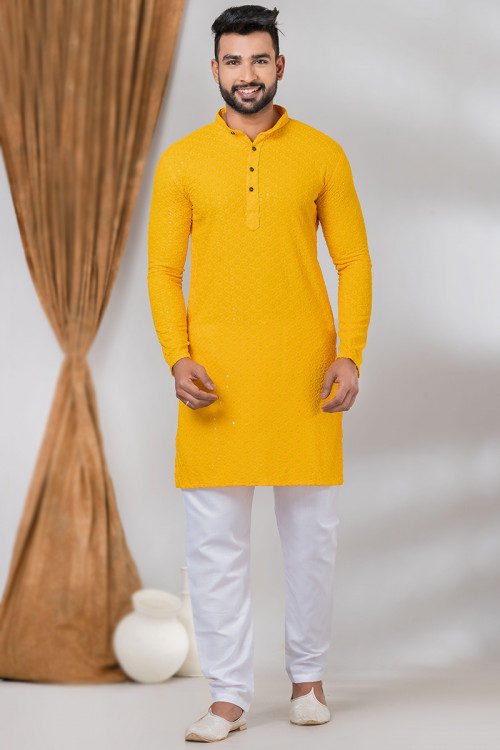 Mustard Yellow Chikankari Embroidered Rayon Men's Kurta Pajama
