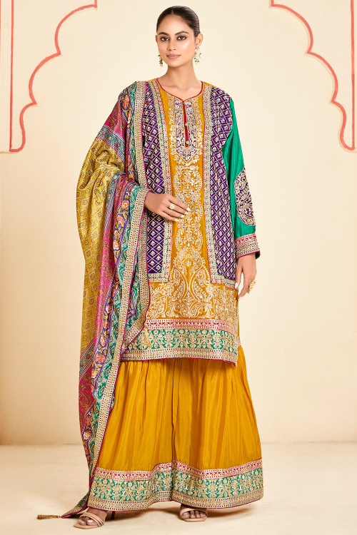 Mustard Yellow Chinnon Dori Straight Cut Gharara Suit 