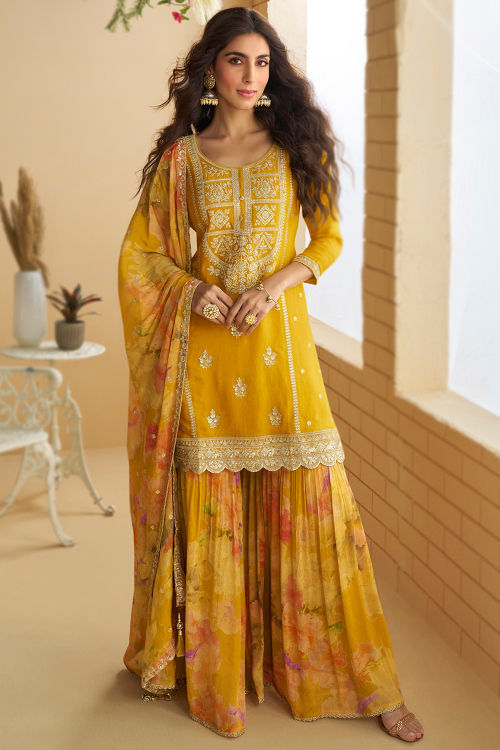 Mustard Yellow Chinnon Embroidered Gharara Suit 
