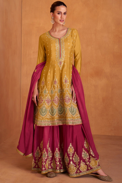 Mustard Yellow Chinnon Embroidered Palazzo Suit