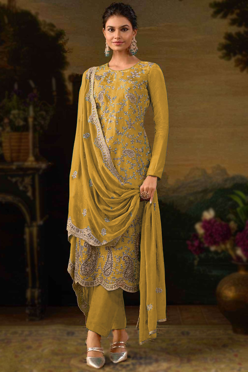 Mustard Yellow Chinnon Embroidered Straight Cut Trouser Suit 