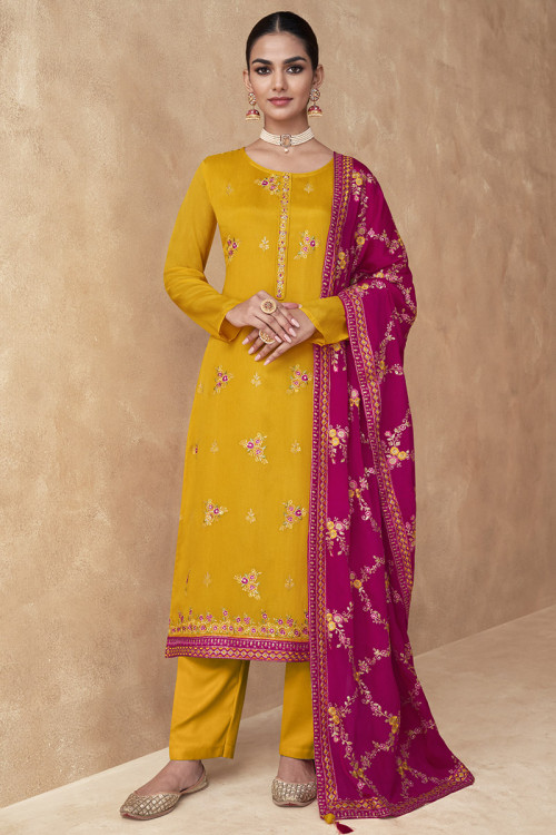 Mustard Yellow Chinnon Embroidered Straight Pants Suit 