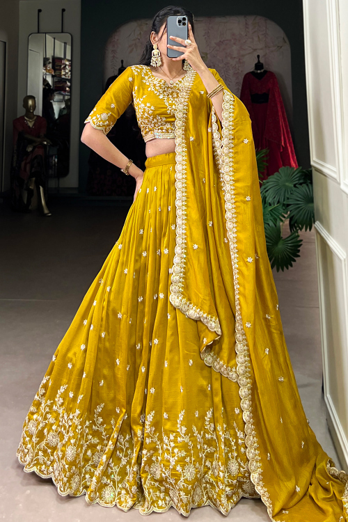 Mustard Yellow Chinnon Lehenga With Sequins Work For Diwali