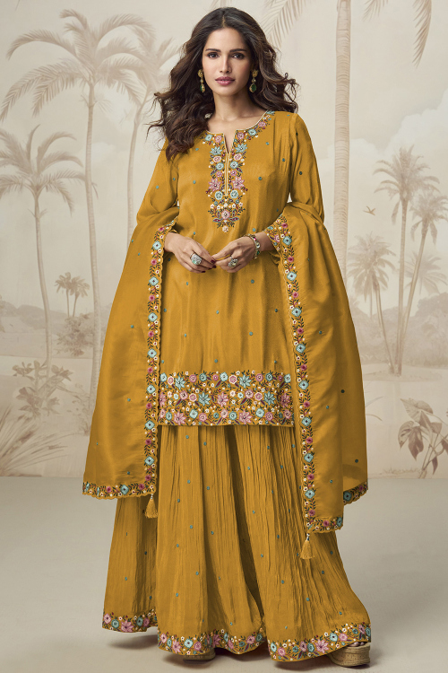 Mustard Yellow Chinnon Sharara Suit With Resham Thread Work 