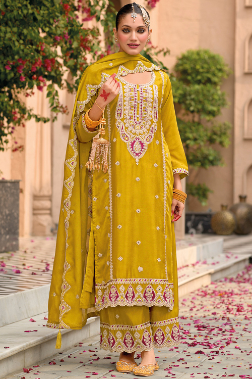 Mustard Yellow Chinnon Straight Pant Suit with Zari Work for Diwali