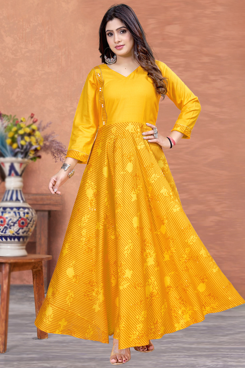 Mustard Yellow Cotton Anarkali Style Ready to Wear Printed Kurti