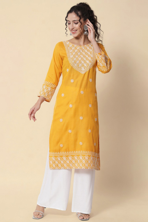 Cotton Kurti with Thread Embroidery in Mustard Yellow for Party 