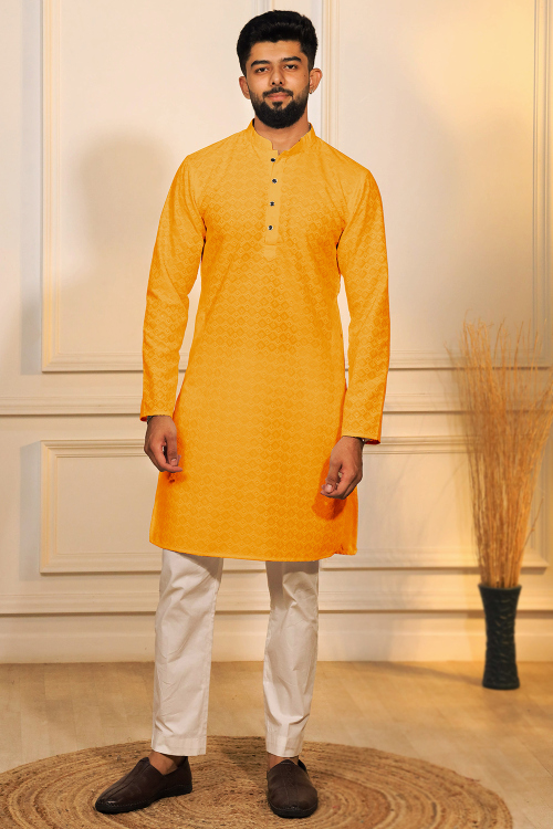Mustard Yellow Cotton Embroidered Men's Kurta Pajama