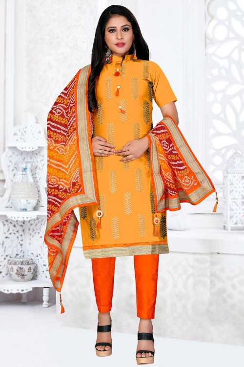 Cotton Mustard Yellow Thread Work Trouser Suit for Casual Wear