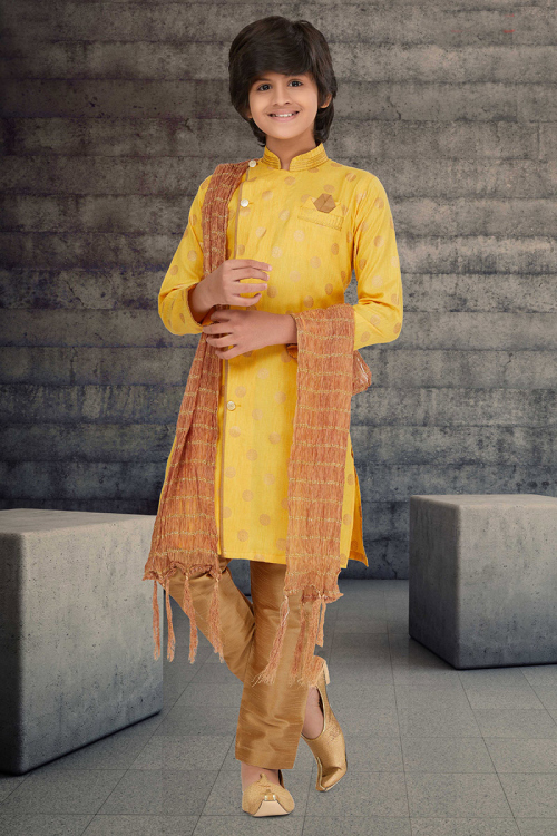 Mustard Yellow Cotton Foil Printed Indo-Western Kid's Sherwani 