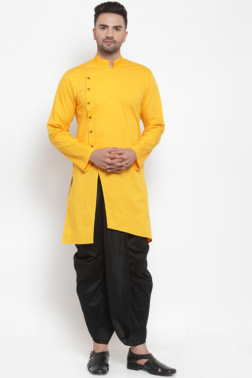 Mustard Yellow Cotton Indo-Western Men's Kurta Dhoti 