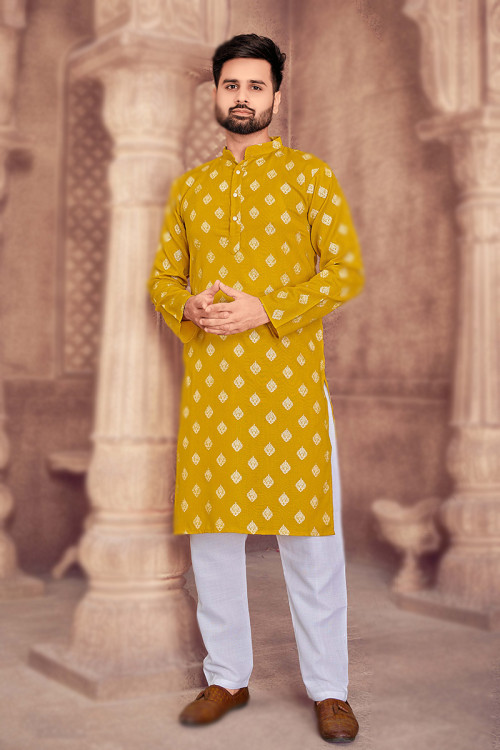 Printed yellow kurta pajama best sale