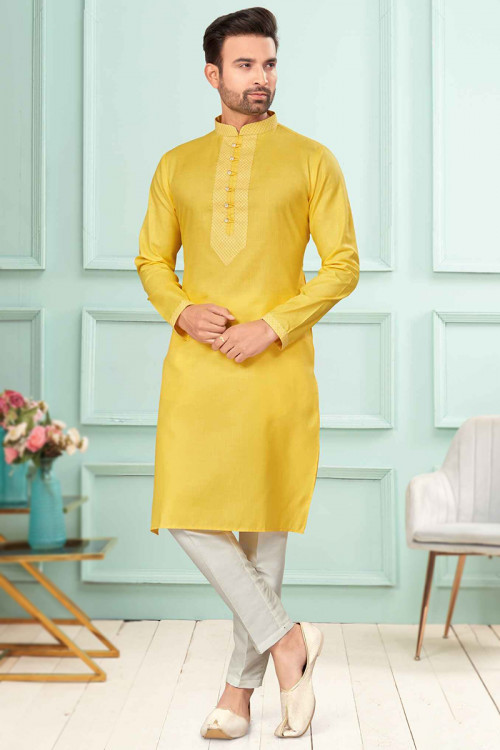 Mustard Yellow Cotton Men's Straight Cut Kurta Pajama With Lace 