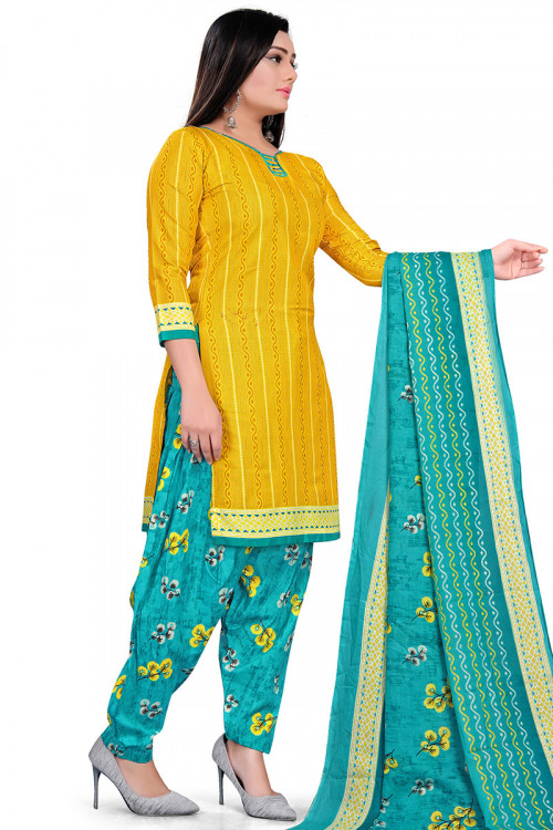 Mustard Yellow Cotton Printed Casual Wear Patiala Suit 