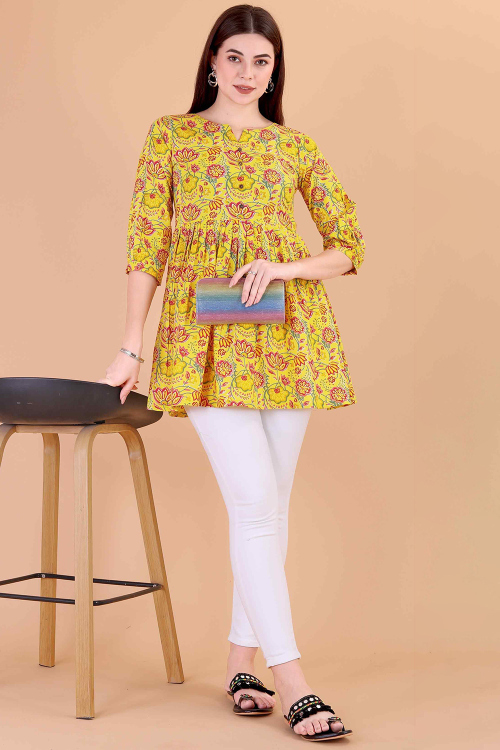 Mustard Yellow Cotton Printed Short Casual Wear Kurti 
