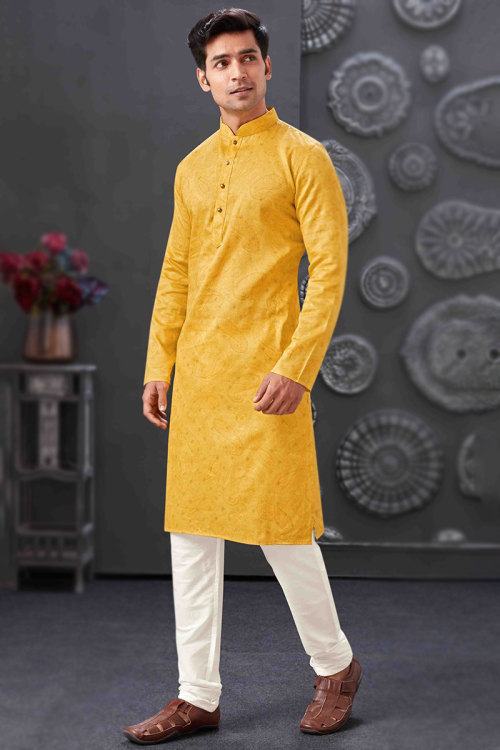 Chinese Collar Mustard Kurta Churidar in Poly Cotton Fabric